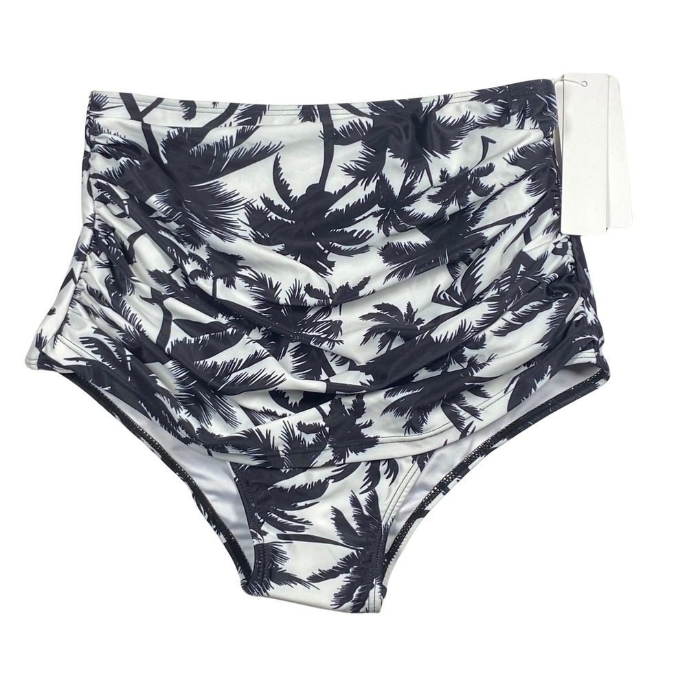 COCOPEAR High Waist Swim Bottom Women's S Palm Print Ruched Black White Bikini